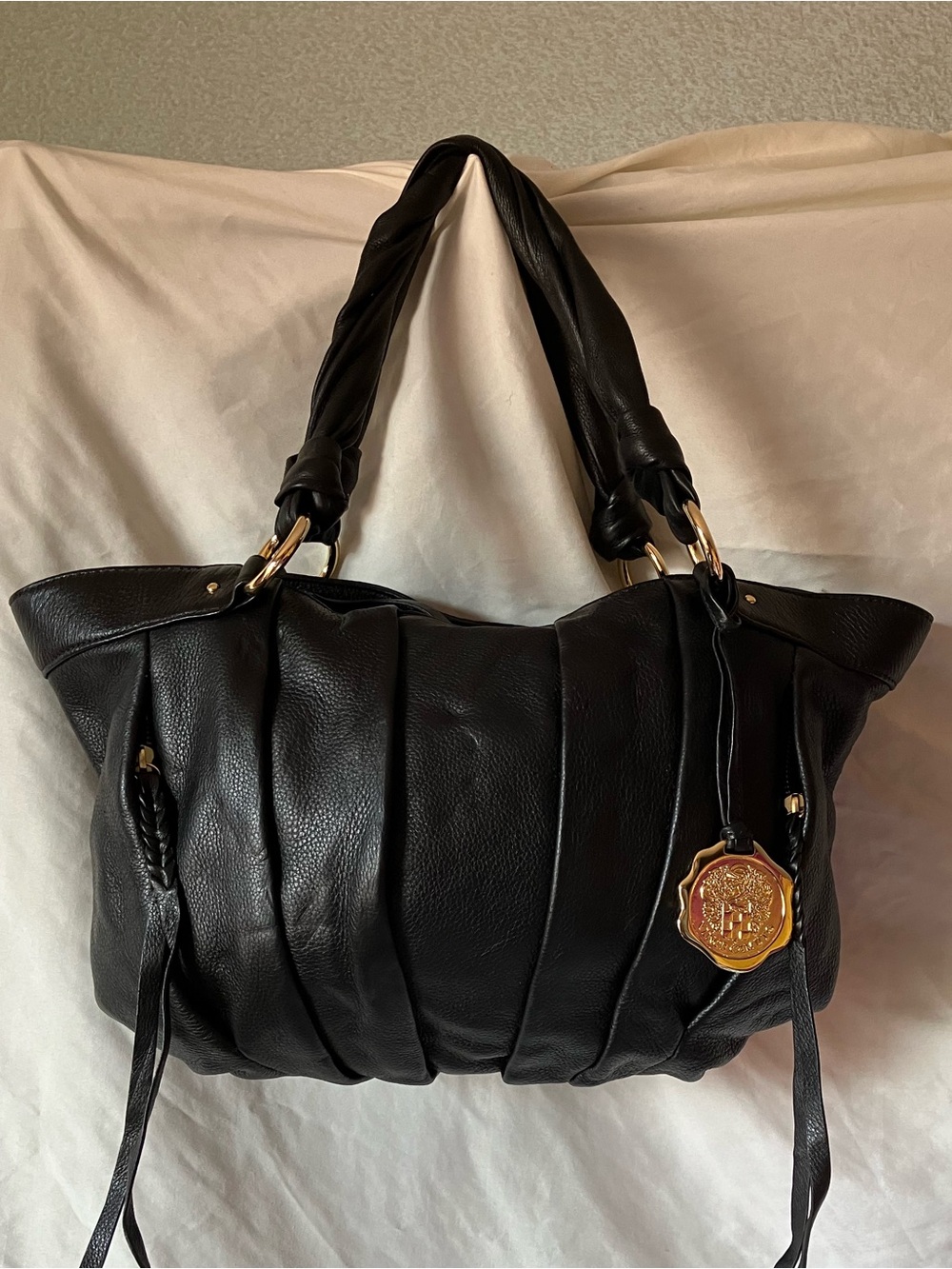 Vince Camuto Black Leather Shoulder Bag with Gold Medallion and dust Bag